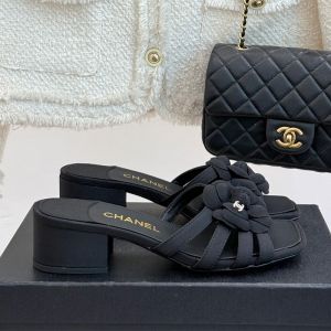 Chanel G46519 Camellia Slides with CC Logo Women in Grosgrain Black