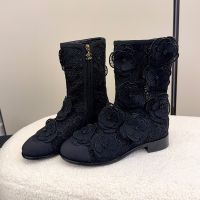 Chanel Ankle Boots with Camellia Embroidery Women in Grosgrain Black