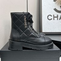 Chanel Ankle Boots with Metal Letter Women in Quilted Calfskin Black