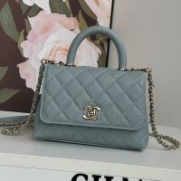 Chanel AS2215 Mini Flap Bag with Top Handle in Texture Calfskin Grey