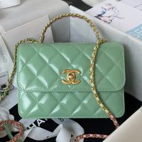 Chanel AS3886 Mini Flap Bag with Top Handle in Shiny Calfskin Green