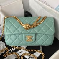 Chanel AS4041 Small Flap Bag with Camellia Chain Strap in Lambskin Green