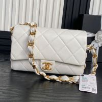 Chanel AS5176 Flap Bag With CC Leather Strap in Lambskin AS5176 White
