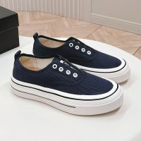 Chanel Biscuit Platform Slip-On Sneakers with Logo Print Women Canvas Navy Blue