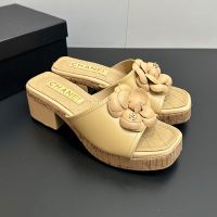 Chanel Camellia Platform Slides with CC Logo Women in Lambskin Camel