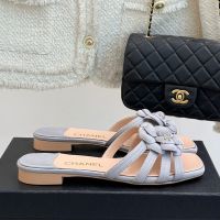 Chanel Camellia Slides with CC Logo Women in Grosgrain Light Blue