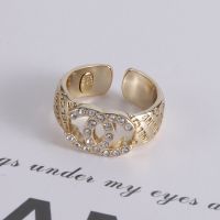 Chanel Crystal Logo Open Ring with Allover Chanel Letters in Brass Gold