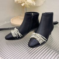 Chanel G32546 Ankle Boots with Pearl Chain Women in Calfskin Black