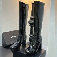 Chanel G45197 High Boots with Letter Embroidered Women in Patent Leather Black