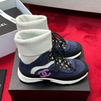 Chanel G45204 Hi-Top Sock Sneakers Women in Suede and Knit Navy Blue