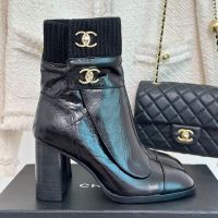 Chanel G45281 Ankle Boots with CC Buckle Women in Calfskin and Knit Black