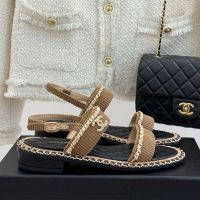 Chanel G45670 Sandals with Woven Chain Logo Women in Corduroy Brown/Black