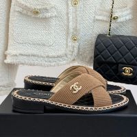 Chanel G45672 Slides with Woven Chain Logo Women in Fabric Brown/Black