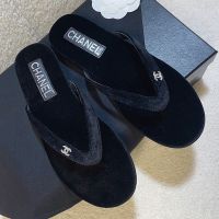 Chanel G45716 Thongs Slides with Crystal Logo Women Suede Black