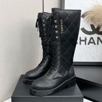 Chanel G45918 High Boots with Metal Letter Women in Quilted Calfskin Black