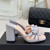 Chanel G46518 Camellia Slides with CC Logo Women in Grosgrain Light Blue