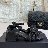 Chanel G46607 Camellia Sandals with CC Logo Women in Sequins Black