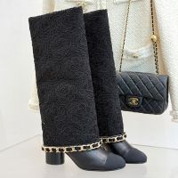 Chanel G46677 High Boots with Woven Chain Women in Fabric and Calfskin Black