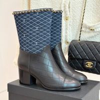 Chanel G46699 Ankle Boots with Woven Chain Women in Quilted Denim and Calfskin Navy Blue