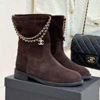 Chanel G46709 Ankle Boots with Woven Chain and Logo Pendant Women in Suede Coffee