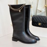 Chanel G46710 High Boots with Woven Chain and Logo Pendant Women in Calfskin Black