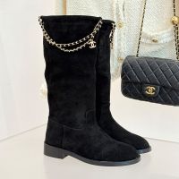 Chanel G46710 High Boots with Woven Chain and Logo Pendant Women in Suede Black