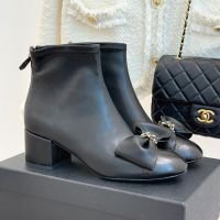 Chanel G46816 Short Boots with Woven Chain Bow Women in Lambskin Black