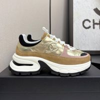Chanel G47010 Platform Sneakers with CC logo Patch Women in Calfskin and Suede Gold