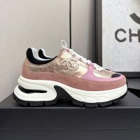 Chanel G47010 Platform Sneakers with CC logo Patch Women in Calfskin and Suede Gold/Pink