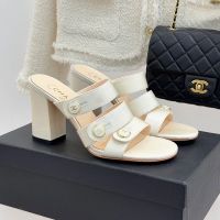 Chanel Heeled Slides with Enamel Logo Buttons Women in Grosgrain Beige