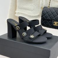 Chanel Heeled Slides with Enamel Logo Buttons Women in Grosgrain Black