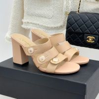 Chanel Heeled Slides with Enamel Logo Buttons Women in Lambskin Apricot