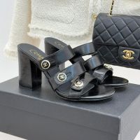 Chanel Heeled Slides with Enamel Logo Buttons Women in Shiny Calfskin Black