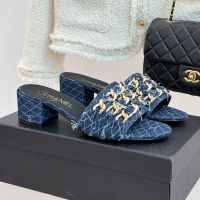 Chanel Heeled Slides with Large Woven Chain Women in Quilted Denim Navy Blue