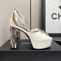 Chanel Heeled Sandals with Colored Strass Logo Women in Patent Leather White
