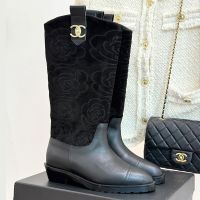 Chanel High Boots with Camellia Embroidered Women in Suede and Calfskin Black
