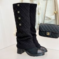 Chanel High Boots with CC Enamel Buckle Women in Knit Fabrics Black