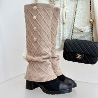 Chanel High Boots with CC Enamel Buckle Women in Knit Fabrics Khaki