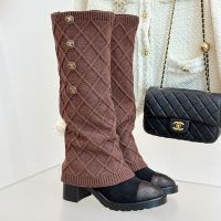 Chanel High Boots with CC Enamel Buckle Women in Knit Fabrics Taupe