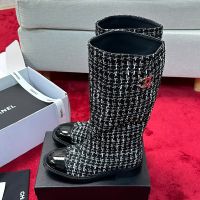 Chanel High Boots with Metal CC Logo Women in Tweed Black/White