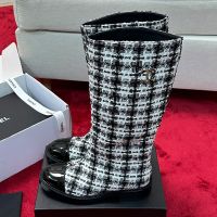 Chanel High Boots with Metal CC Logo Women in Tweed White/Black