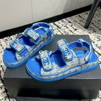 Chanel Platform Sandals with Velcro Strap Women Woven and Calfskin Navy Blue