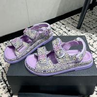 Chanel Platform Sandals with Velcro Strap Women Woven and Calfskin Purple
