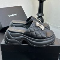 Chanel Platform Slides with Crystals Logo Women in Quilted Lambskin Black
