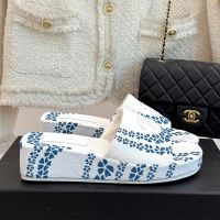 Chanel Platform Slides with Logo Patch and Floral Print Women in Canvas White