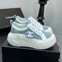 Chanel Platform Sneakers with Logo Patch Women in Denim Light Blue