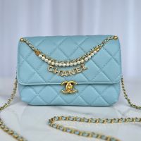 Chanel AS5011 Small Flap Bag with Sparkling Lettering and Pearls Handle in Shiny Lambskin Sky Blue