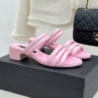 Chanel Thin Strap Chunky Heel Slides with Metal CC Logo Women in Lambskin Pink