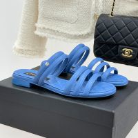 Chanel Thin Strap Flats Slides with Metal CC Logo Women in Lambskin Blue