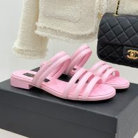 Chanel Thin Strap Flats Slides with Metal CC Logo Women in Lambskin Pink